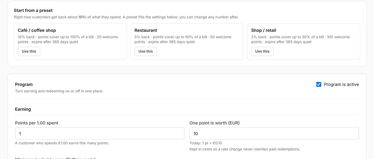 Loyalty settings with café, restaurant and shop presets and the points earning rate.