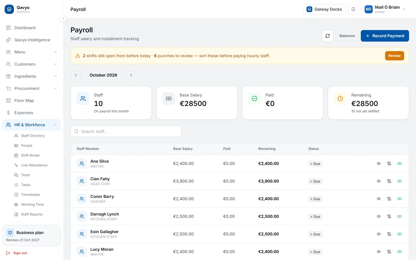 Qavyo payroll for October with staff, base salary, paid and remaining, and a warning about open shifts.
