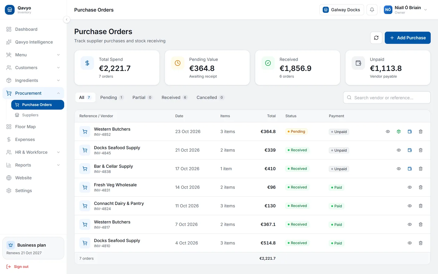 Qavyo purchase orders from fish, meat, dairy, vegetable and drinks suppliers, with received, pending, paid and unpaid status.