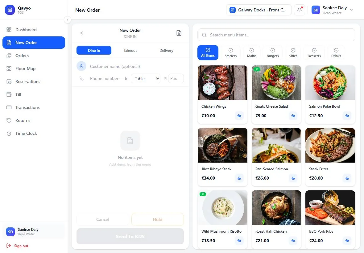 Qavyo POS on a tablet taking a dine-in order.